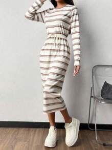 Pariaura 2025 Autumn New Collection: Women's Timeless Striped Dress – Round Neck For Effortless Grace, Cinched Waist To Flatter Curves, Adjustable Side Ties For Custom Fit, Flowing Long Silhouette (Mid-Calf To Ankle) With Elegant Allure. Perfect For Daily Outings, Workdays, Or Romantic Dates. Fall Cloth For Women