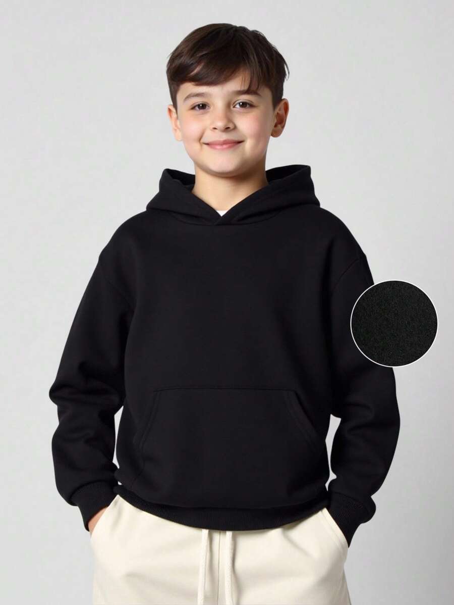 Tween Boy Pocket Drop Shoulder Hoodie, Casual Suitable For Spring/Autumn Daily Wear - Black - View 1