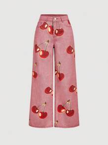 SHEIN MOD 女士休闲水洗樱桃印花牛仔裤 - 粉色 - 查看 1