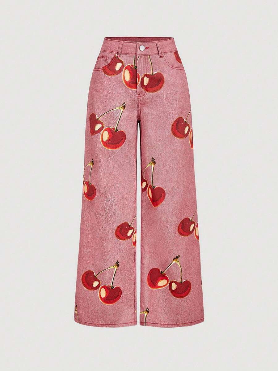 SHEIN MOD 女士休闲水洗樱桃印花牛仔裤 - 粉色 - 查看 1