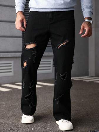 Manfinity Roughcore Schwarze, reife, abgenutzte Schlagjeans im Street-Style für Herren, geeignet für Ehemänner und Freunde, geeignet für den Urlaub