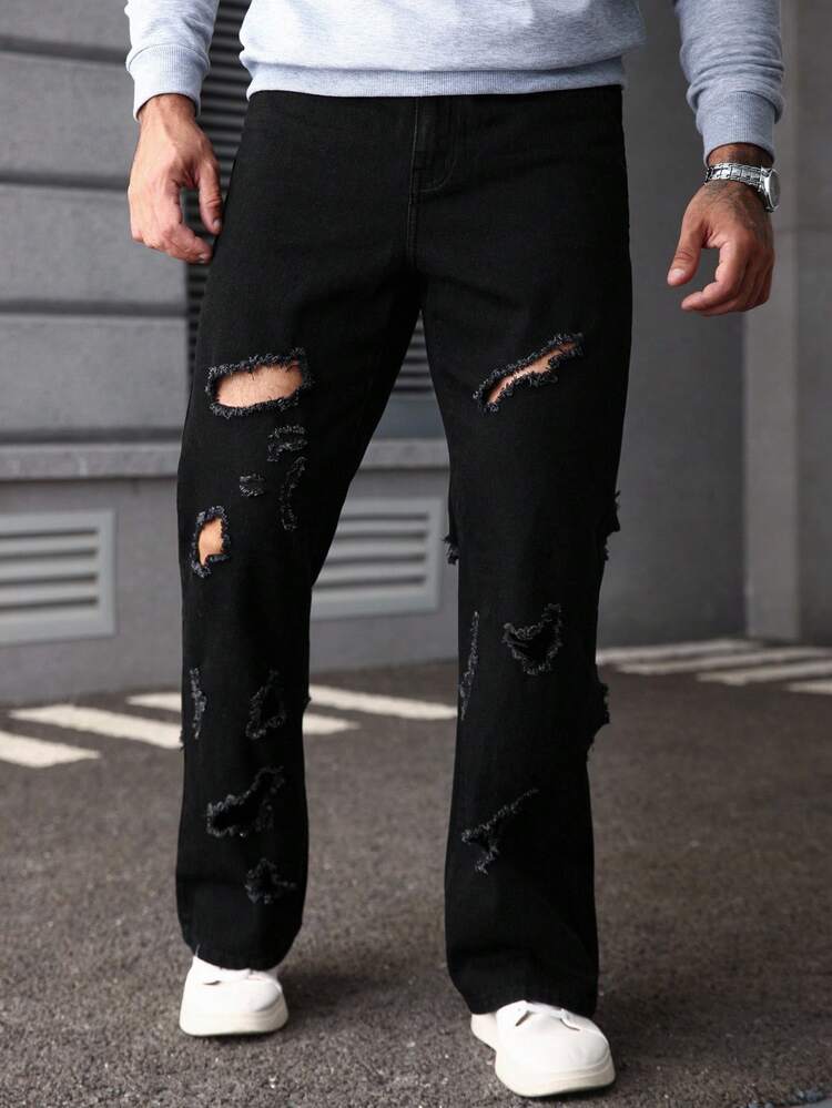 Manfinity LEGND Men's Black Mature Street-Style Distressed Flared Jeans Suitable For Husbands And Boyfriends, Suitable For Vacation Halloween All Saints' Day - Black - View 1