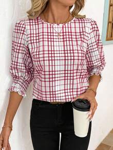 SHEIN Clasi Áo sơ mi nữ cổ tròn tay lửng dáng rộng thoải mái - Đỏ - Xem 3