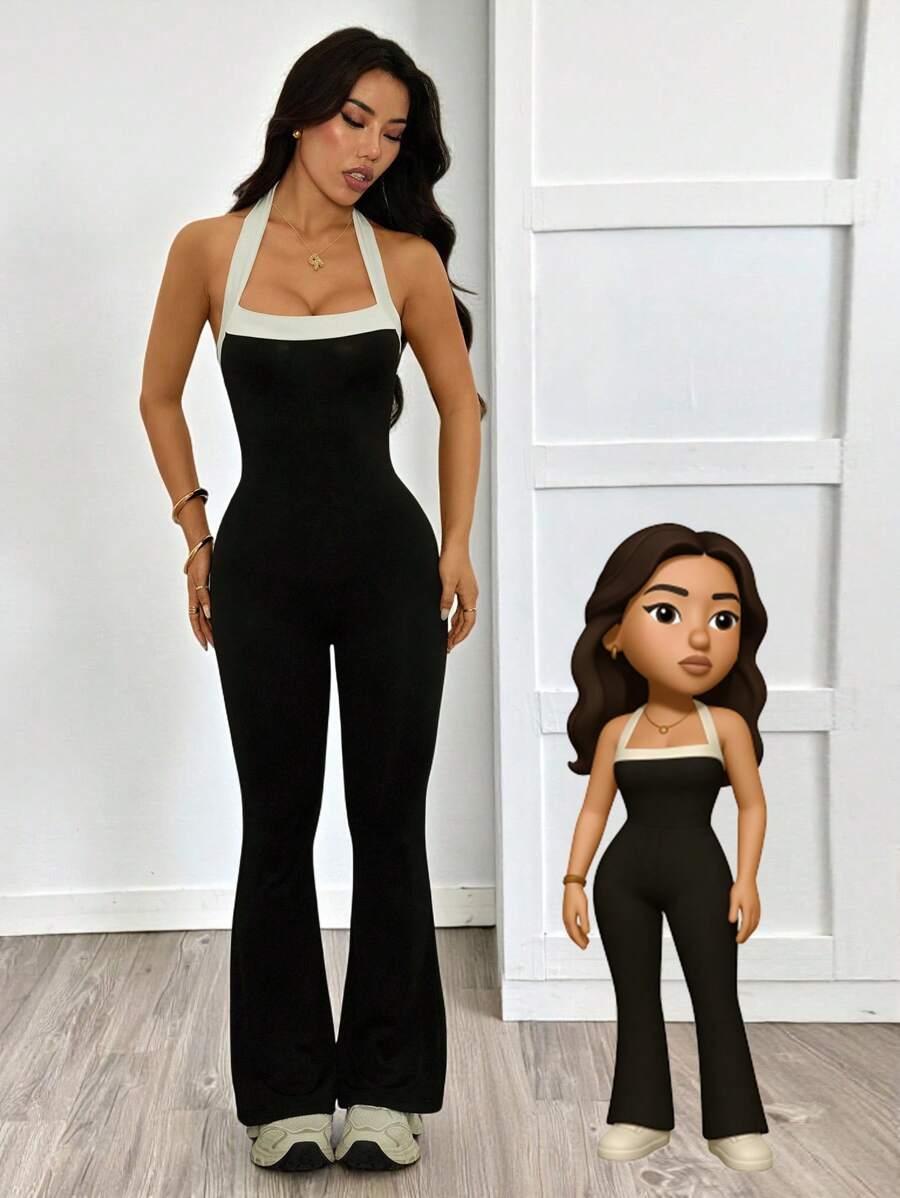 SHEIN PETITE 女士纯色拼接简约修身连体裤，休闲日常穿着 - 黑與白 - 查看 1