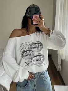StreetHx 女式斜肩薄款运动衫，长袖，唇印，朋克与亚文化设计，白色 - 白色 - 查看 3