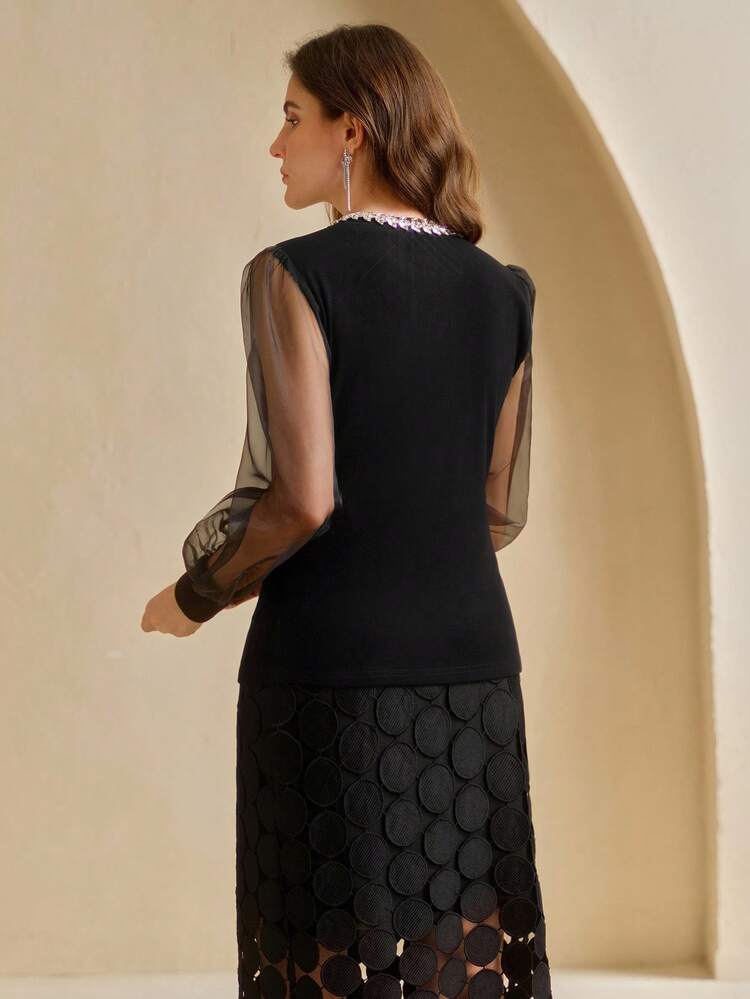 Women's Black Knit Patchwork Chiffon Long Sleeve T-Shirt, Rhinestone Chain Hollow Neckline, Elegant & Versatile Autumn Top