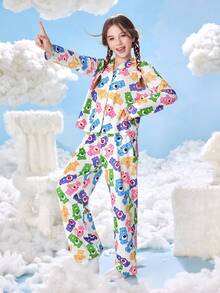 SHEIN X Care Bears 2pcs Tween Girl Cute All-Over Bear Print Button-Up Long Sleeve Shirt And Loose Knit Pants Pajama Set , Spring/Autumn - White - View 1