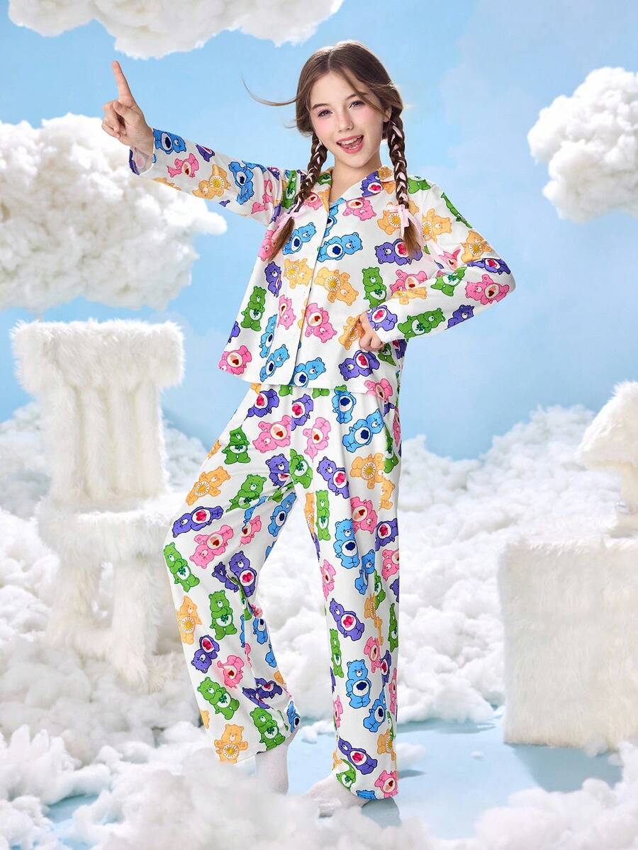 SHEIN X Care Bears 2pcs Tween Girl Cute All-Over Bear Print Button-Up Long Sleeve Shirt And Loose Knit Pants Pajama Set , Spring/Autumn - White - View 1
