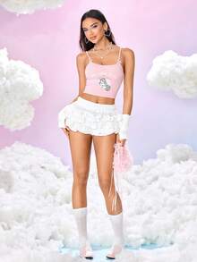 My Little Pony X SHEIN Pink Knitted Crop Cami Top For Women Featuring Spaghetti Straps And Adorable Plant Graphic, A Sheer-Free Summer Essential - Pink - View 6