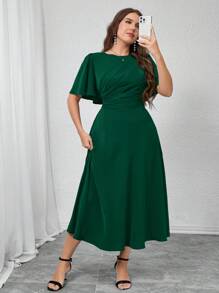 Modelyn Plus Size Women's Solid Color Round Neck Ruffle Short Sleeve Pleated Elegant Dress,Fall Clothes For Women - Dark Green - View 6