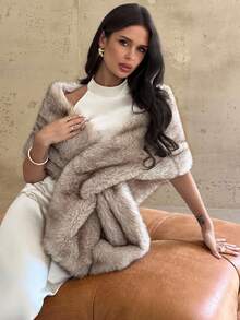 Firerie Fall/Winter Elegant Minimalist Khaki Beige Shawl Collar Faux Fur Sleeveless Jacket, Fashion Versatile Club Wear, Autumn/Winter Fall Women Clothes Elegant Party Coat Fall Outfits Women Winter Dresses For Women,Women's Fake Fur Coat, - Khaki - View 4