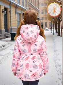 SHEIN Elladie kids 1 件年轻女孩可爱卡通印花粉色连帽运动衫，松紧腰带，保暖衬里，时尚简约设计，适合秋冬 - 粉色 - 查看 4