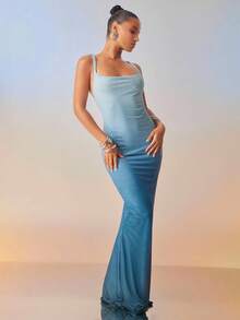 Hauture Đầm Maxi hở lưng trễ vai đuôi cá Ombre gợi cảm cho đêm nghỉ hè của phụ nữ - Màu xanh lam - Xem 4