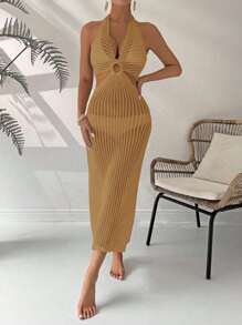 Swim Lushoire Women's Solid Color Ring Connected Waist Hollow Out Halter Neck Cover Up Dress, Vacation - Yellow - View 3