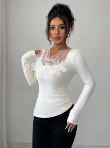 Elenzga Áo thun nữ cổ tròn tay dài màu trắng họa tiết hoa lưới lãng mạn, thanh lịch cho những buổi hẹn hò và đi chơi, vải mặc mùa thu cho nữ - Màu be - Xem 3