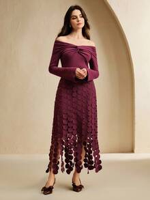 Anewsta 秋季新款女式酒红色露肩扭结长袖收腰荷叶边下摆连衣裙，优雅派对礼服，新年礼服，圣诞派对礼服 - 中紫紅色 - 查看 3