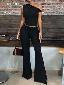 INAWLY Bộ đồ liền thân tay loe cổ bất đối xứng cỡ chuẩn dành cho nữ - màu đen - Xem 3