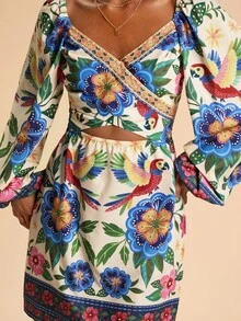 Travachic Vestido corto ajustado de mujer de manga larga con estampado tejido - Multicolor - Ver 7