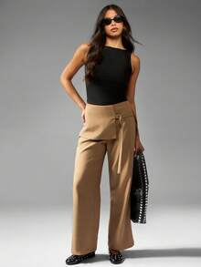 MISSGUIDED 高腰阔腿裤，带覆盖面板设计商务休闲办公室长裤秋冬时尚阔腿风格 - 卡其色 - 查看 3