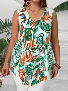 EMERY ROSE 大码女式V领纽扣无袖度假风系带上衣，时尚休闲夏季上衣，波西米亚风夏季上衣，佩斯利印花上衣，夏秋女装。 - 綠色 - 查看 5