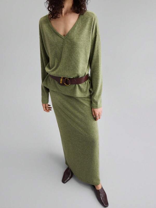 Ontre 2025年新款女装、秋冬装、四季服装、冬季服装、返校女装、万圣节和圣诞节服装、女教师制服、休闲外出、夜间外出礼服、婚礼宾客礼服、优雅婚礼宾客服装、教堂服装、女士商务休闲装、纯色简约日常服装、长袖上衣、绿色裙子、两件套