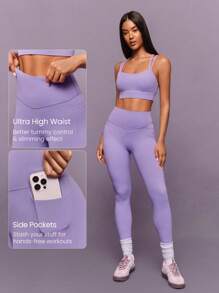GLOWMODE 24" FeatherFit™ Soft Slay Sweat-Wicking Stretchy No Front Seam Ultra High-Rise Waist Leggings With Side Pockets Low-Impact Yoga Pilates Barre Studio Daily Casual Wear  Spring Summer - Lilac Purple - View 3