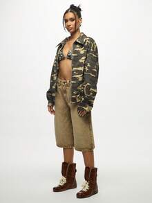 SUMWON WOMEN Oversized Camouflage Bomber Jacket Military Print Casual Fall Winter Zip Up Streetwear Outerwear With Elastic Hem And Cuffs