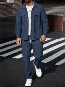 Manfinity CasualCool 男士灯芯绒工作衬衫和裤子两件套，秋季服装 - 寶藍色 - 查看 6