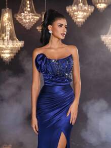 Glamrae Váy đuôi cá xẻ tà gợi cảm cổ thuyền xếp ly trang trí sang trọng, sang trọng, màu xanh navy, sequin thêu, chắp vá, satin co giãn, thủ công, đính vải - Xanh đậm - Xem 4