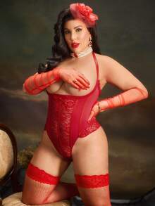 Plus Size Ruffled, Hollow-Out Floral Lace Bodystocking + Thigh High Socks, Sexy Lingerie Set