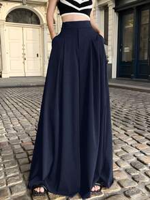 SHEIN EZwear Quần ống rộng xếp ly thường ngày cỡ lớn, Xuân/Hè - Màu xanh hải quân - Xem 1