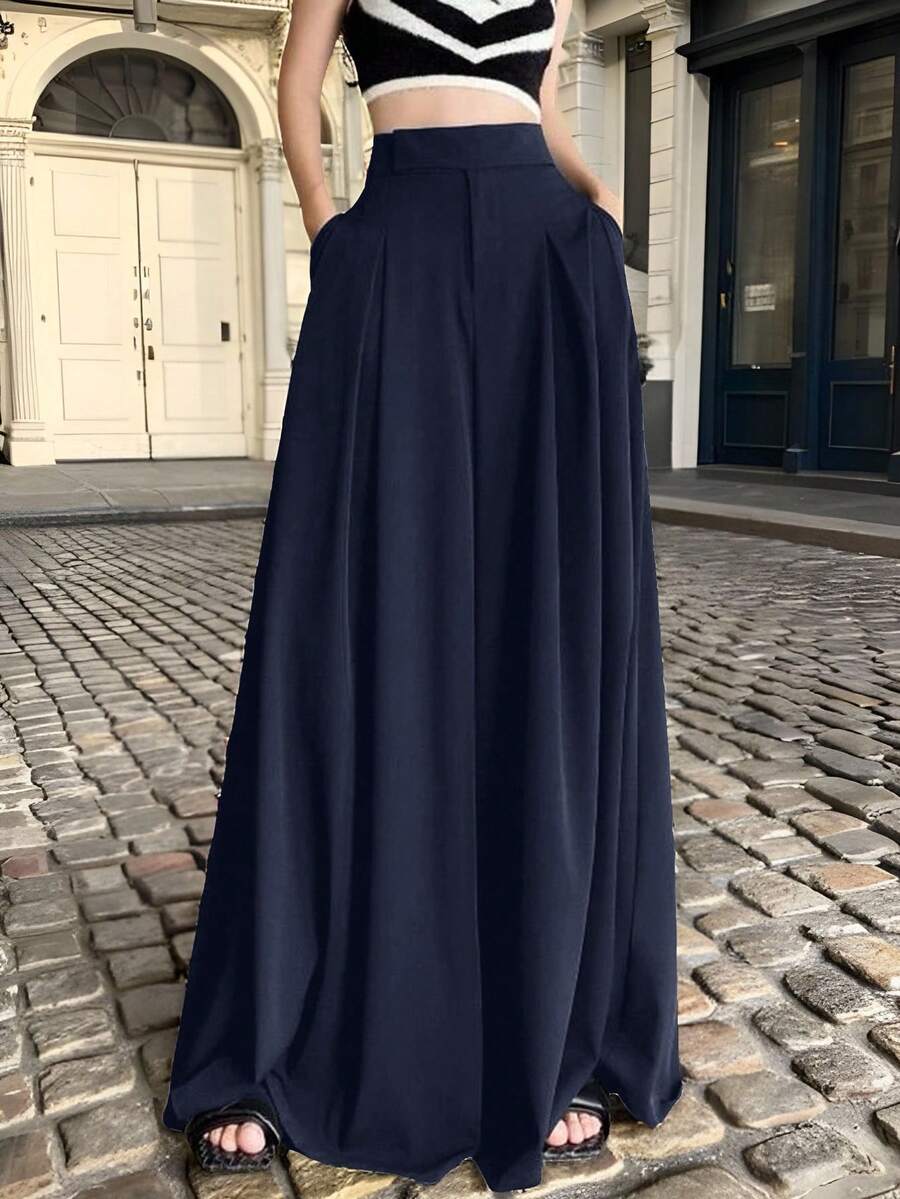 SHEIN EZwear Quần ống rộng xếp ly thường ngày cỡ lớn, Xuân/Hè - Màu xanh hải quân - Xem 1