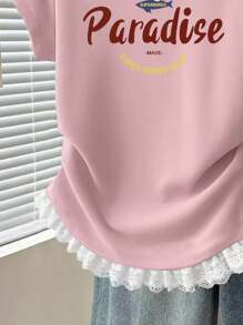 INAWLY 夏季新款女式蕾丝边短袖休闲修身腰部上衣T恤 - 粉色 - 查看 3