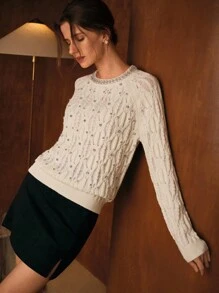 MOTF PREMIUM AUTUMN/WINTER HOLLOW OUT DISTRESSED RHINESTONE SWEATER, LOOSE CREW NECK TOP