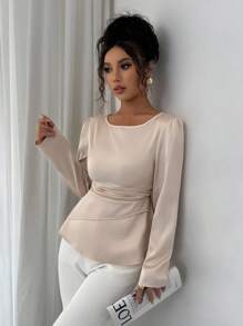 Elenzga Blusa elegante feminina de cetim com cintura marcada e manga comprida e gola redonda - Damasco - Ver 4