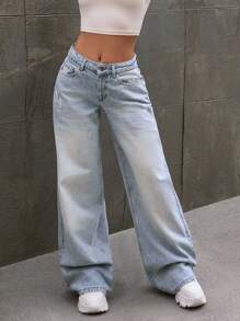 EURMUSE WOMEN MID WAIST WIDELEG BLUE DENIM CASUAL STREET WEAR - Medium Wash - View 6