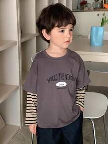 Hapijoa Toddler Boys Loose Casual Striped Patchwork Sleeve 2 In 1 Letter Print T-Shirt, Autumn - Grey - View 10
