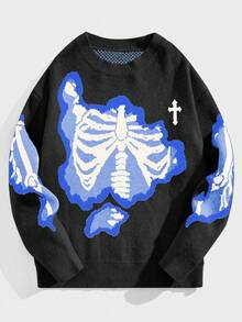 ROMWE MEN Goth Men's Crew Neck Drop Shoulder Long Sleeve Creative Skull Pattern Jacquard Casual Pullover Sweater , Fall Winter - Blue - View 1