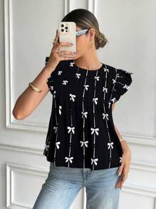 Serisse 女式蝴蝶结印花圆领盖袖褶皱宽松衬衫 - 黑色 - 查看 1