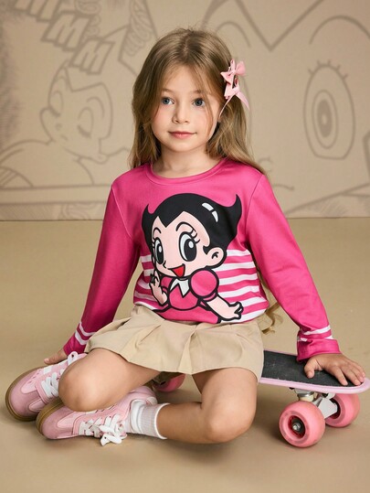 Astro Boy X SHEIN T-shirt tricoté à col ras-du-cou à manches longues avec figure de dessin animé de jeune fille