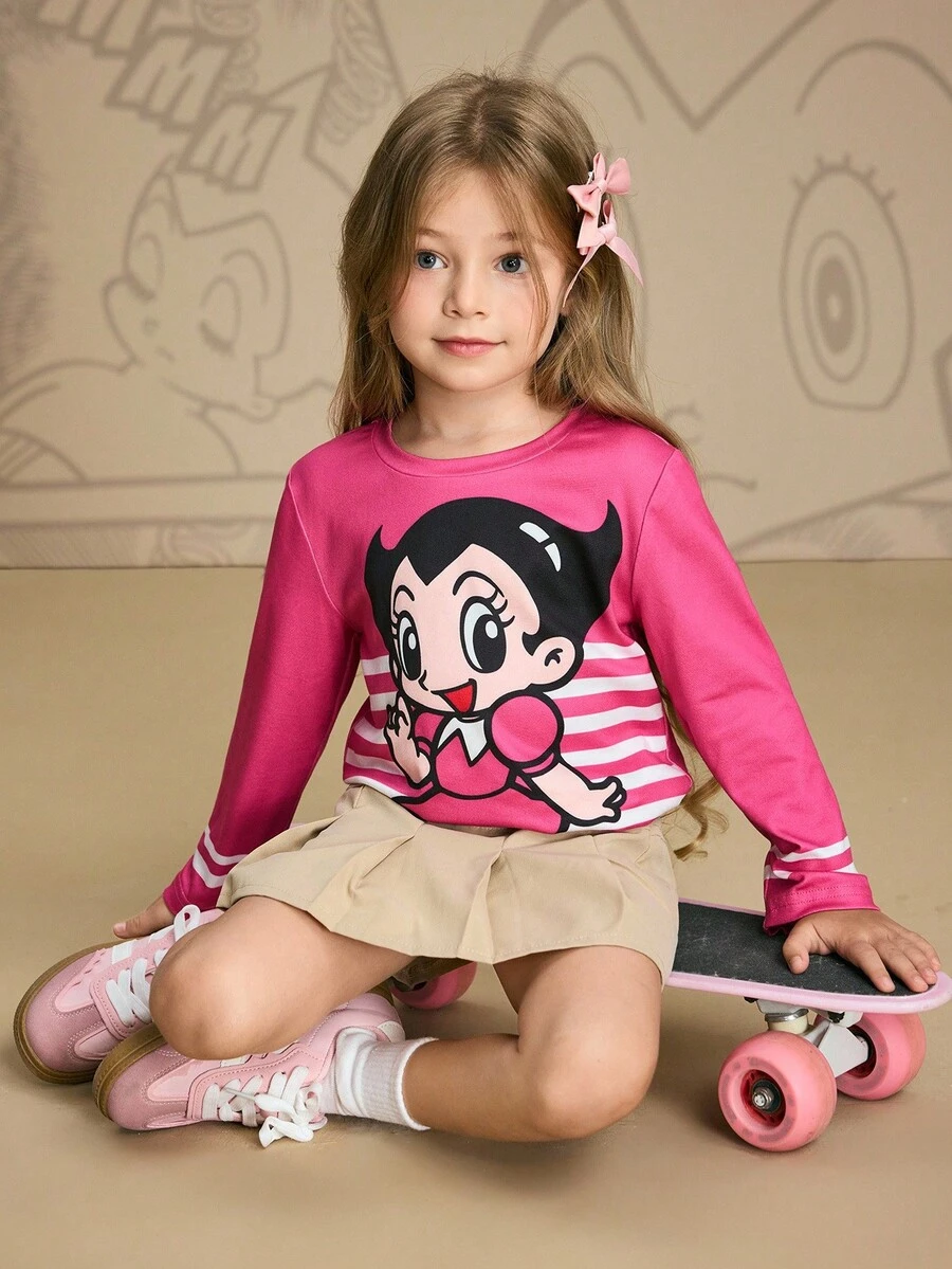 Astro Boy X SHEIN T-shirt tricoté à col ras-du-cou à manches longues avec figure de dessin animé de jeune fille