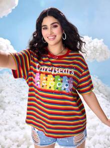 SHEIN X Care Bears Áo thun ngắn tay kẻ sọc in hình gấu hoạt hình cỡ lớn mùa hè, áo cầu vồng, áo cầu vồng chủ đề cầu vồng mùa thu - Nhiều màu - Xem 1