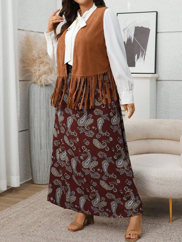 Conjunto de 2 piezas de talla grande con chaleco casual de vacaciones con dobladillo con flecos y falda con estampado de flores de anacardo