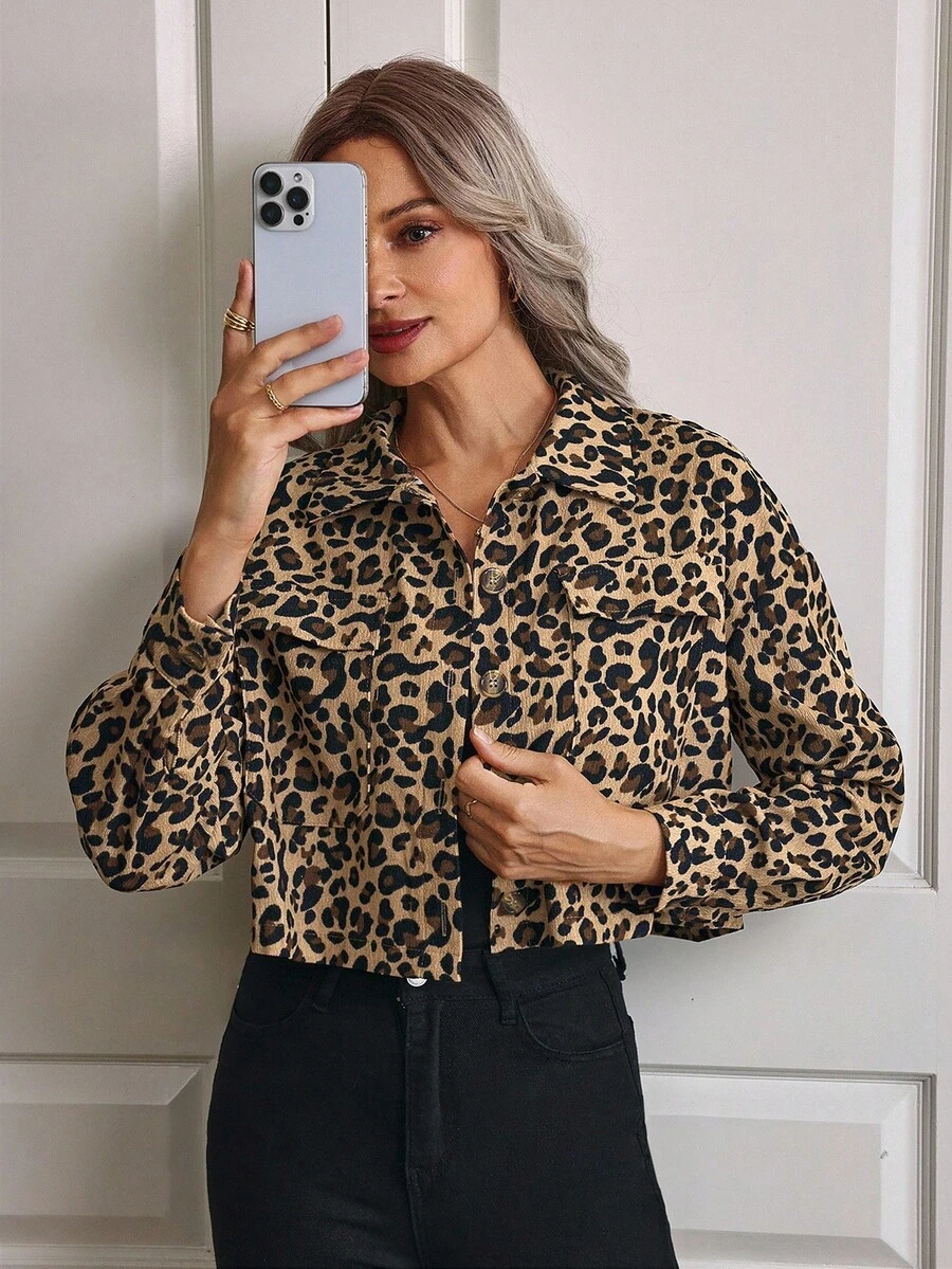 EMERY ROSE Women's Long Sleeve Button Leopard Print Chic Stylish Fashion Jacket