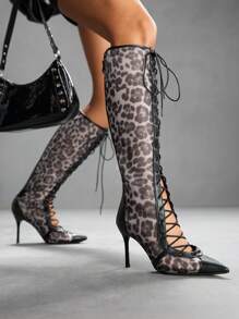 CUCCOO SZL Women's Pointed Toe Leopard Print Mesh High Heel Boots, Fashion Comfortable For Party And Nightclub, With Lace-Up And Back Zipper