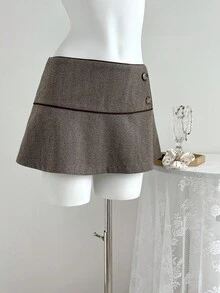 Elamini Rok Midi Fashion Wanita Gaya Vintage Pinggang Rendah dengan Desain Kancing - Coffee Brown - View 6