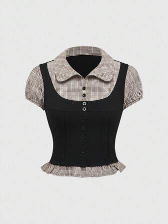 Academia Camisa de mujer de manga corta con estampado a cuadros en blanco y negro de estilo universitario en 2 en 1