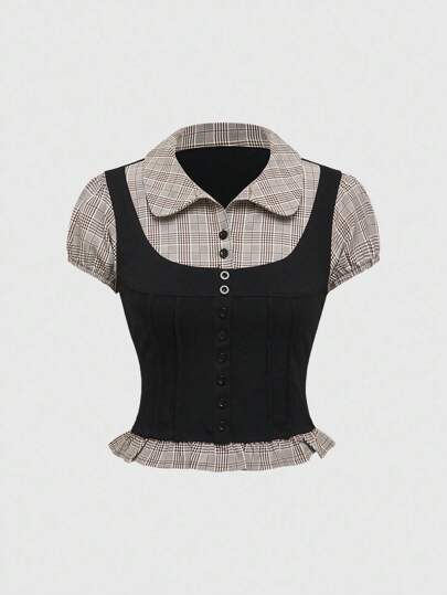 Academia Camicia da donna stile universitario, a maniche corte, con patchwork a quadri neri e grigi