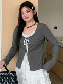 Dazy Plus 撞色拼接二合一系带长袖T恤，大码女款秋季