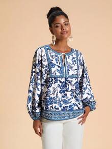 Travachic 女士印花系领宽松度假衬衫，长袖蓝白印花上衣，蓝白印花女式夏季衬衫，波西米亚风衬衫，田园风衬衫，休闲女装，秋季女装，时尚秋季，外出，乡村风格女装 - 藍白色 - 查看 4